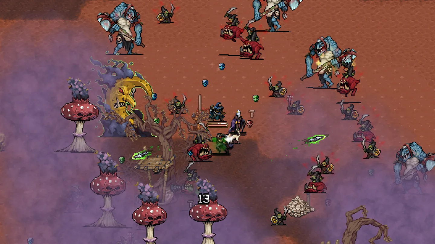 Warhammer Survivors gameplay: a dense crowd of pixel-art enemies closing in on player characters on reddish ground