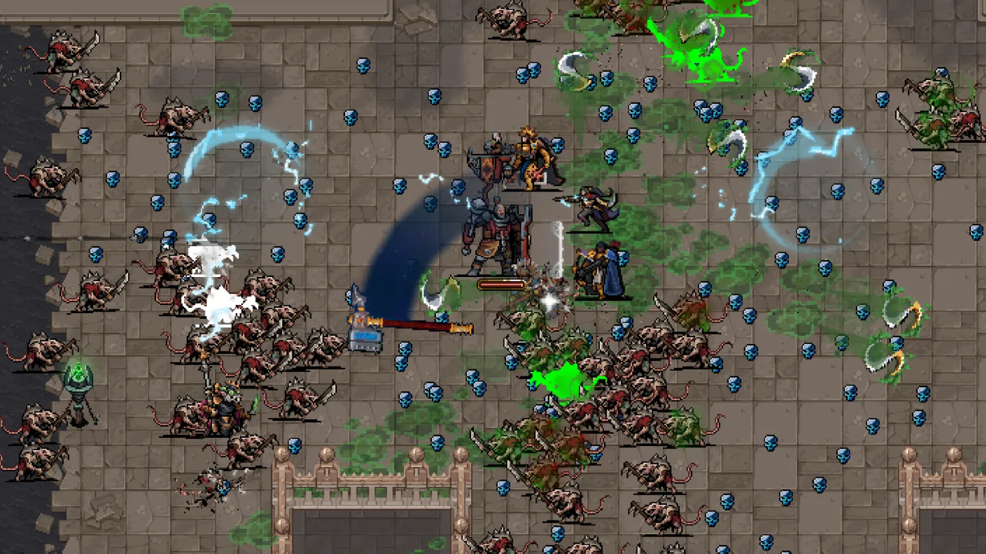 Pixel-art Warhammer Survivors combat on a stone floor, with dark and green enemies and bright green and blue effects